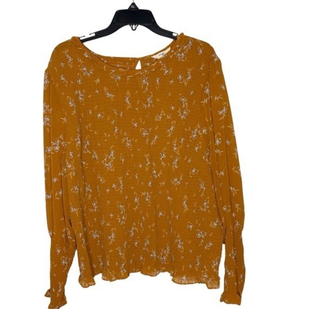 Terra Sky Women's Plus Size 3X Mustard Floral‎ Smocked Long Sleeve Blouse Top